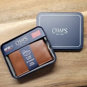 Chaps Tan Leather Card Holder Wallet with RFID Protection In Collectible Tin